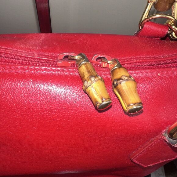 Authentic Vintage GUCCI Bamboo Red Calf Leather 2-Way Shoulder Hand Bag - Picture 4 of 13